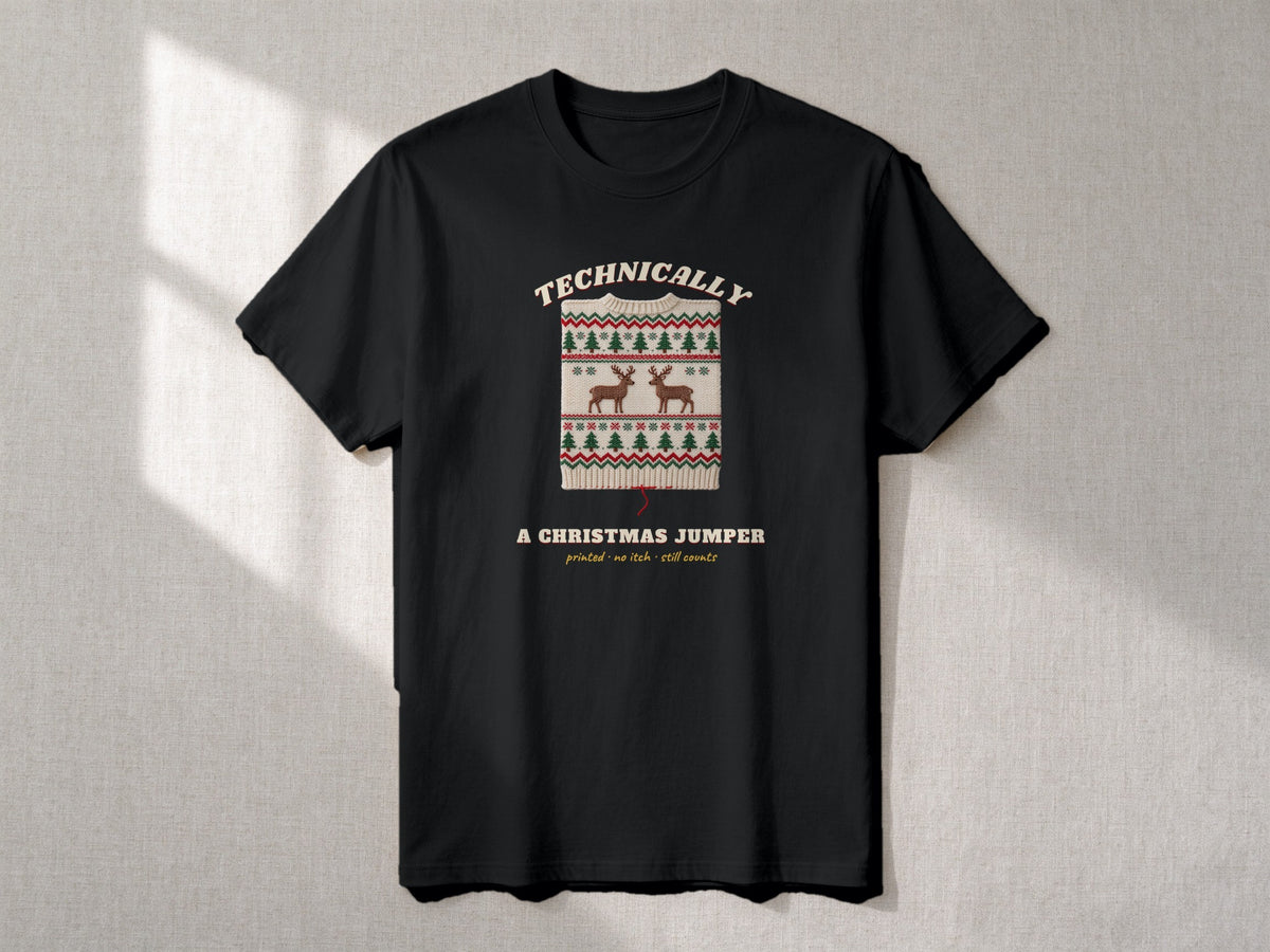 Technically a Christmas Jumper T-shirt – flat lay, Black