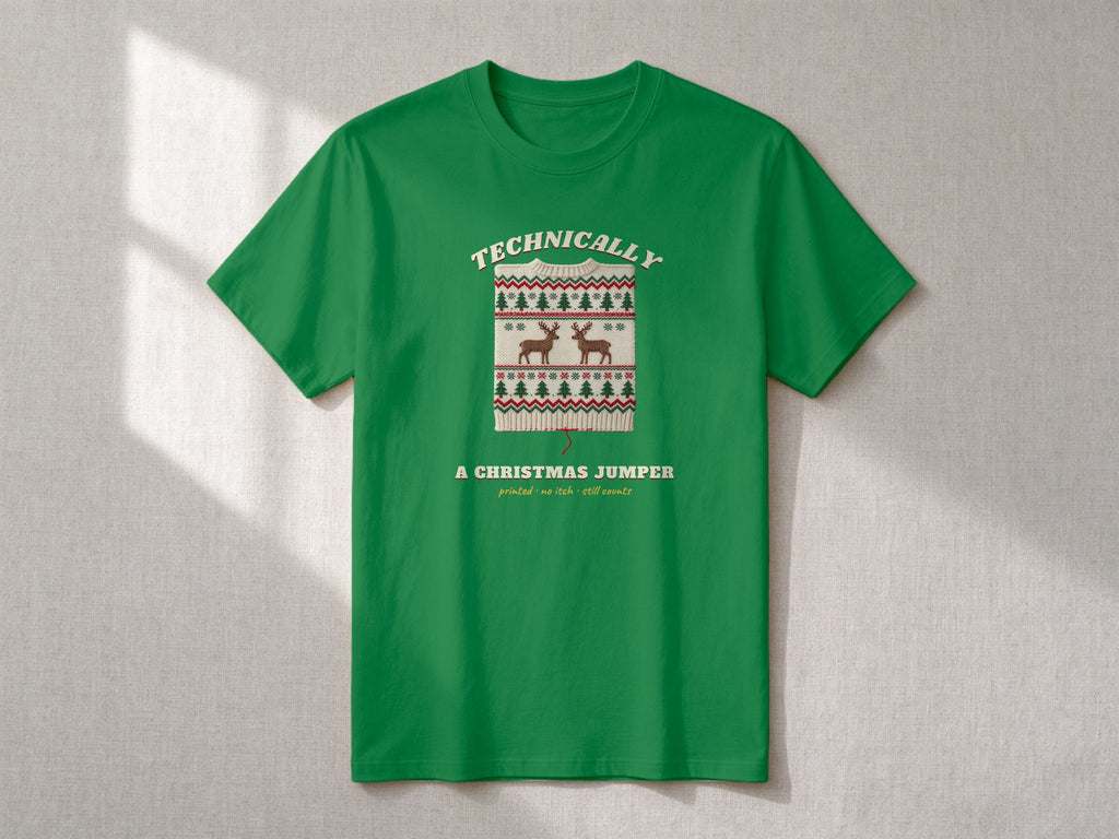 Technically a Christmas Jumper T-shirt – flat lay, Irish Green