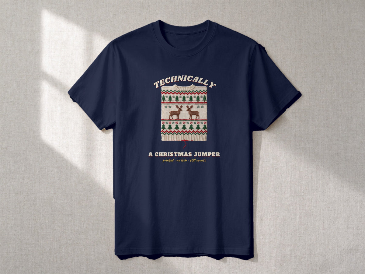 Technically a Christmas Jumper T-shirt – flat lay, Navy Blue
