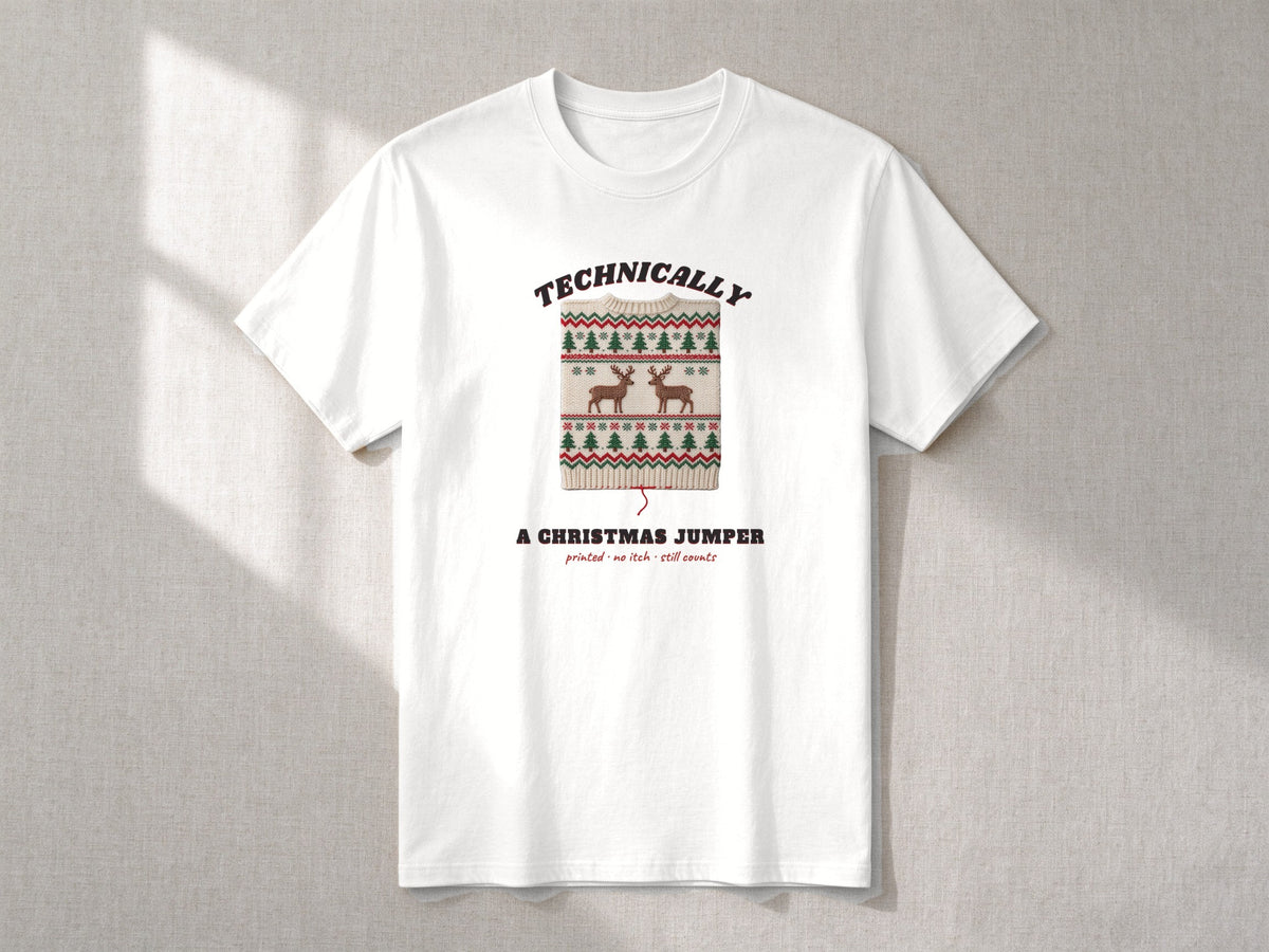 Technically a Christmas Jumper T-shirt – flat lay, White