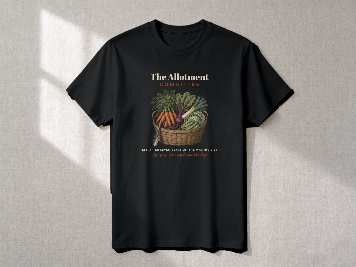 The Allotment Committee T-shirt – flat lay, Black
