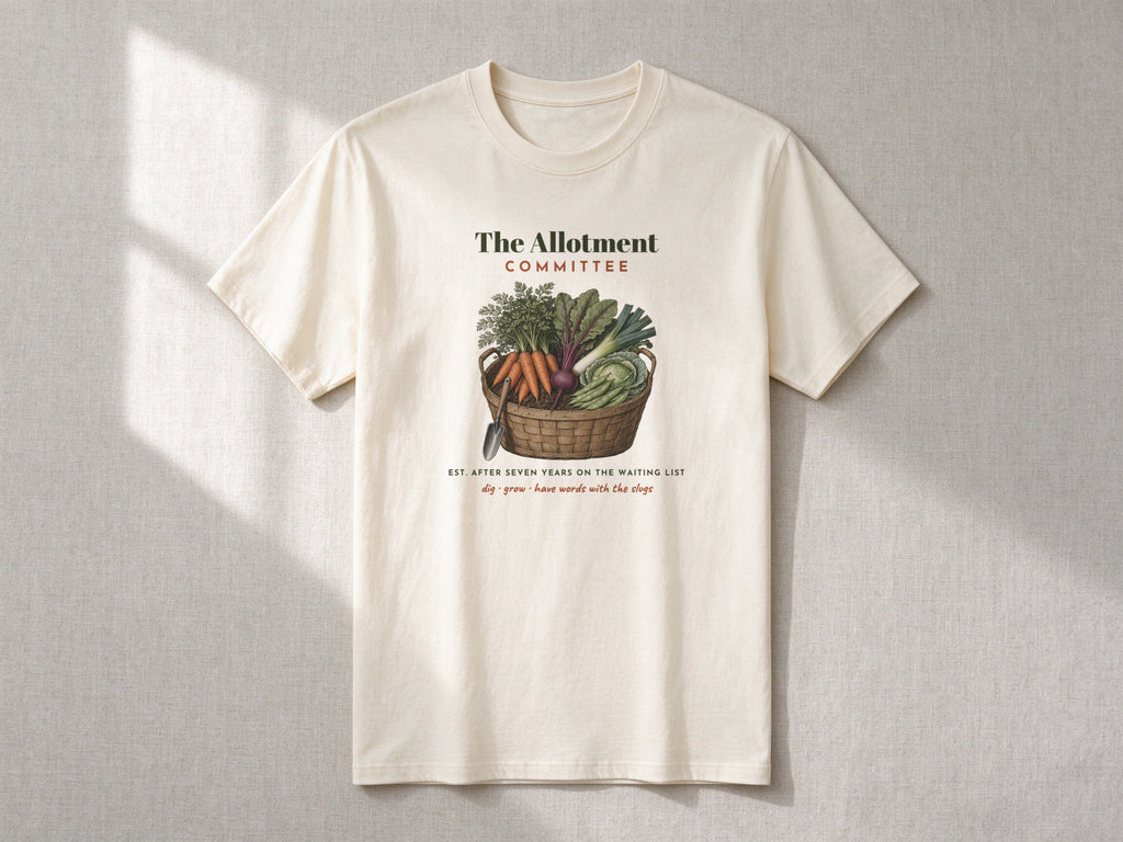 The Allotment Committee T-shirt – flat lay, Natural