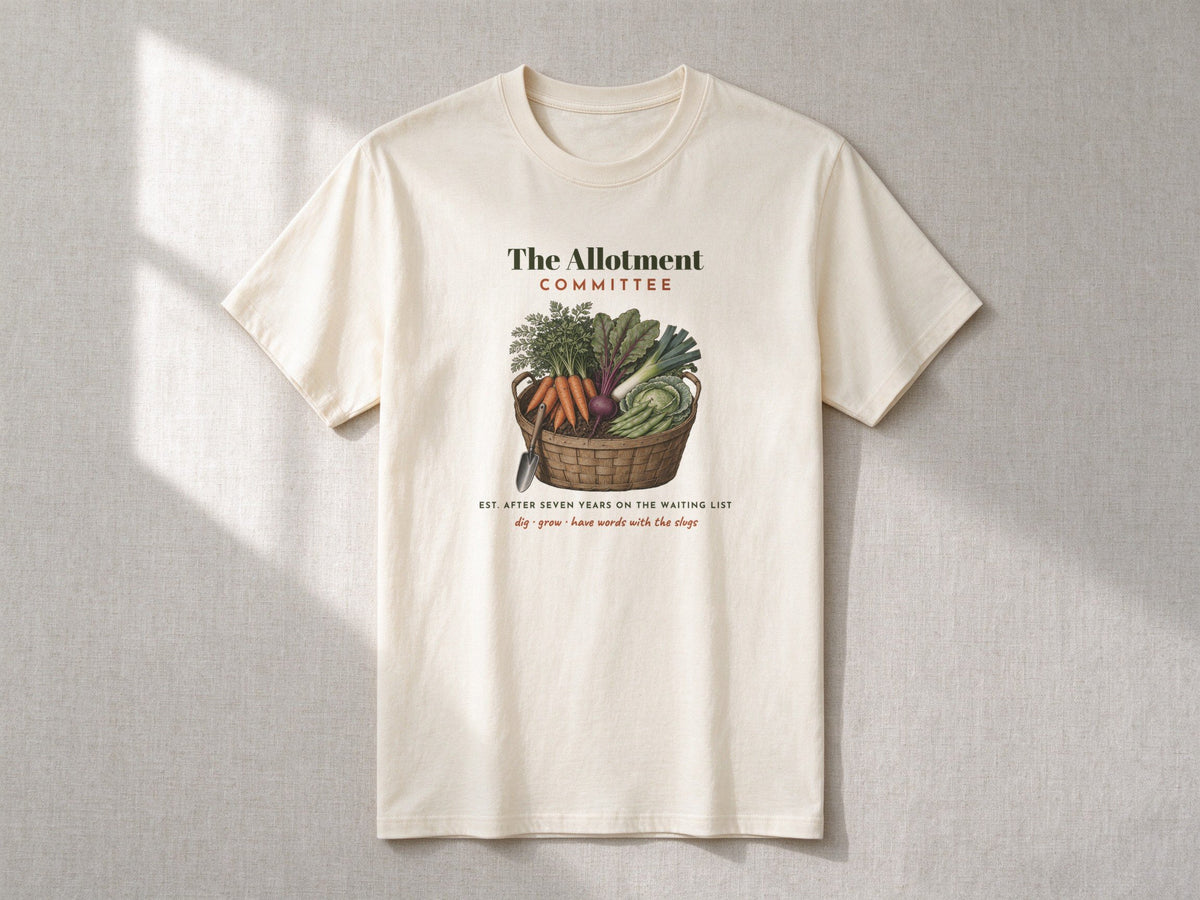 The Allotment Committee T-shirt – flat lay, Natural
