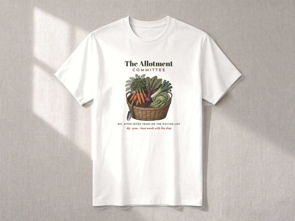 The Allotment Committee T-shirt – flat lay, White