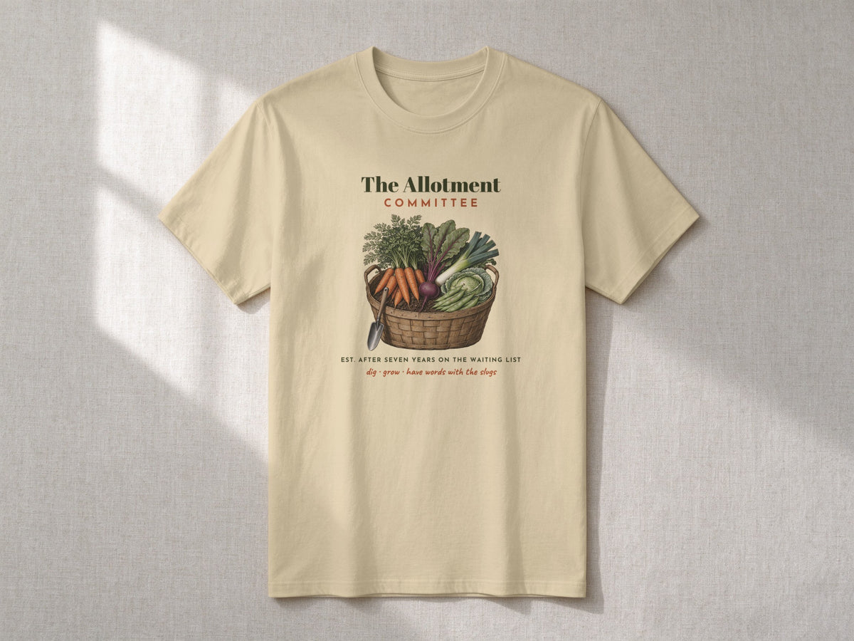 The Allotment Committee T-shirt – flat lay, Sand