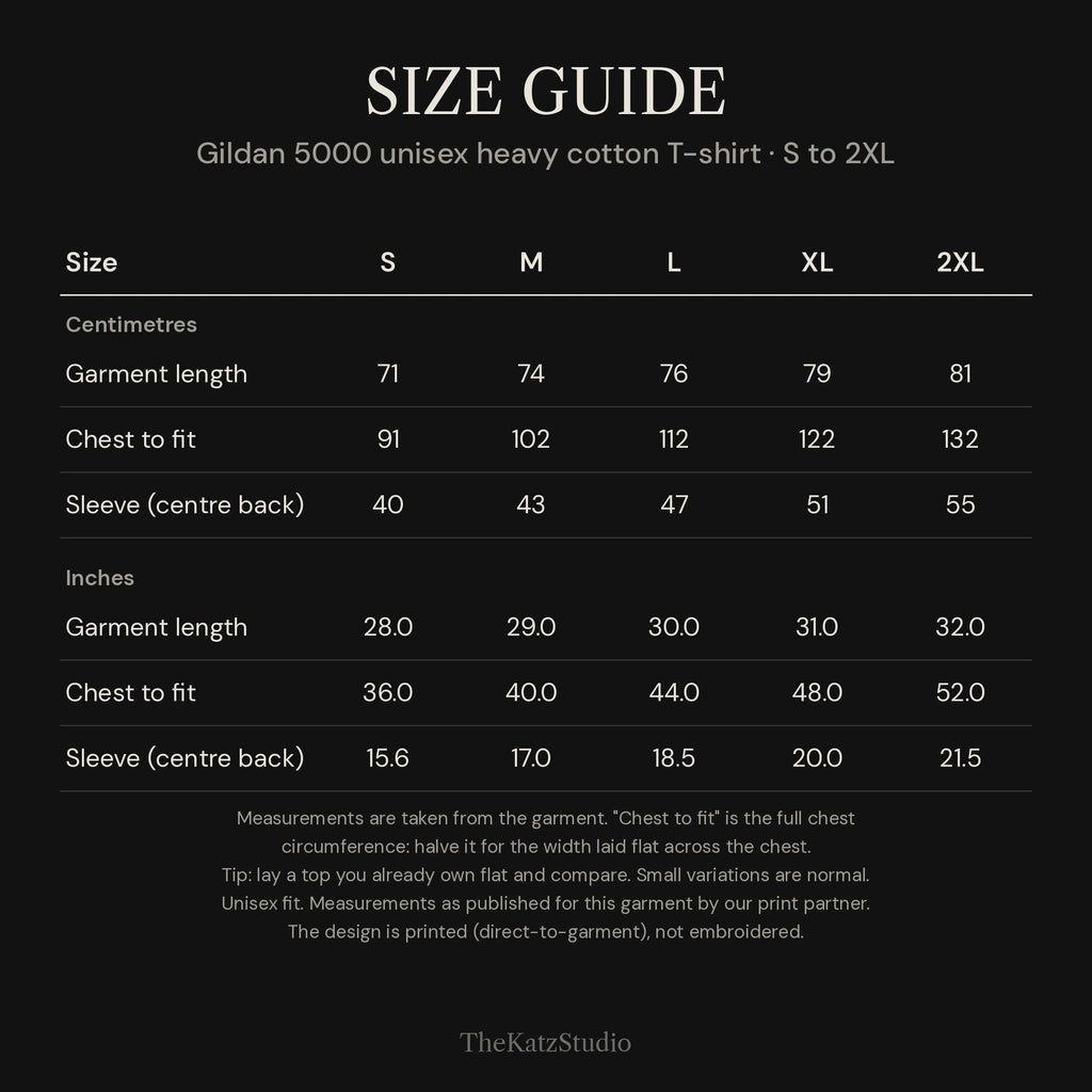 The Allotment Committee T-shirt – size chart