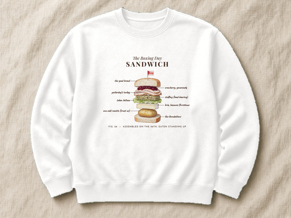 The Boxing Day Sandwich sweatshirt – flat lay, Arctic White