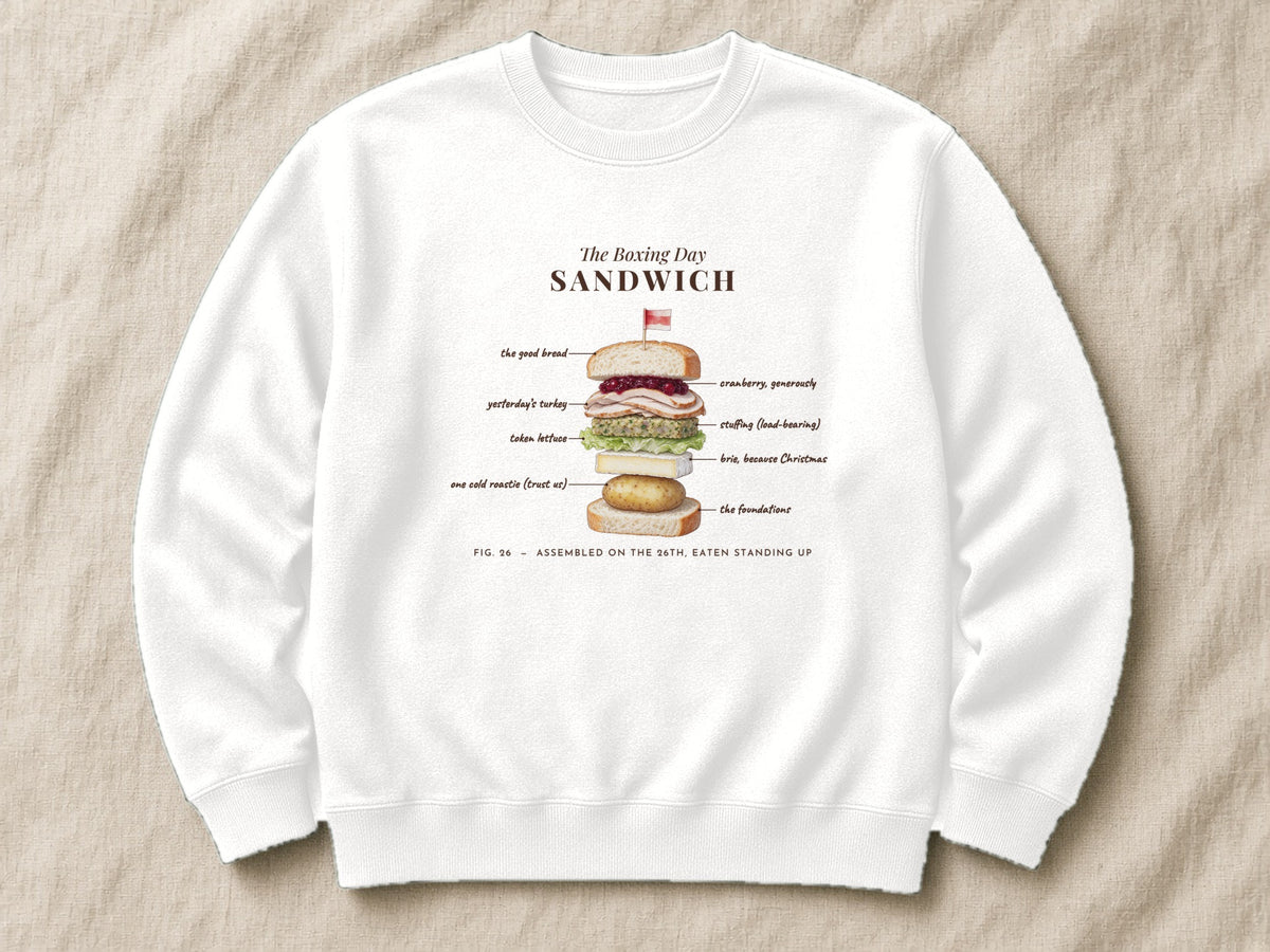 The Boxing Day Sandwich sweatshirt – flat lay, Arctic White
