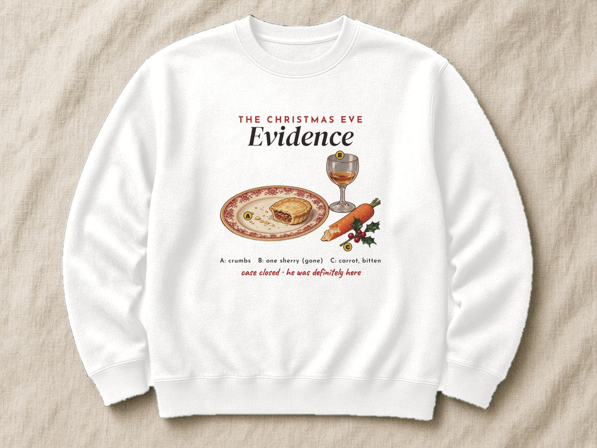 The Christmas Eve Evidence sweatshirt – flat lay, Arctic White
