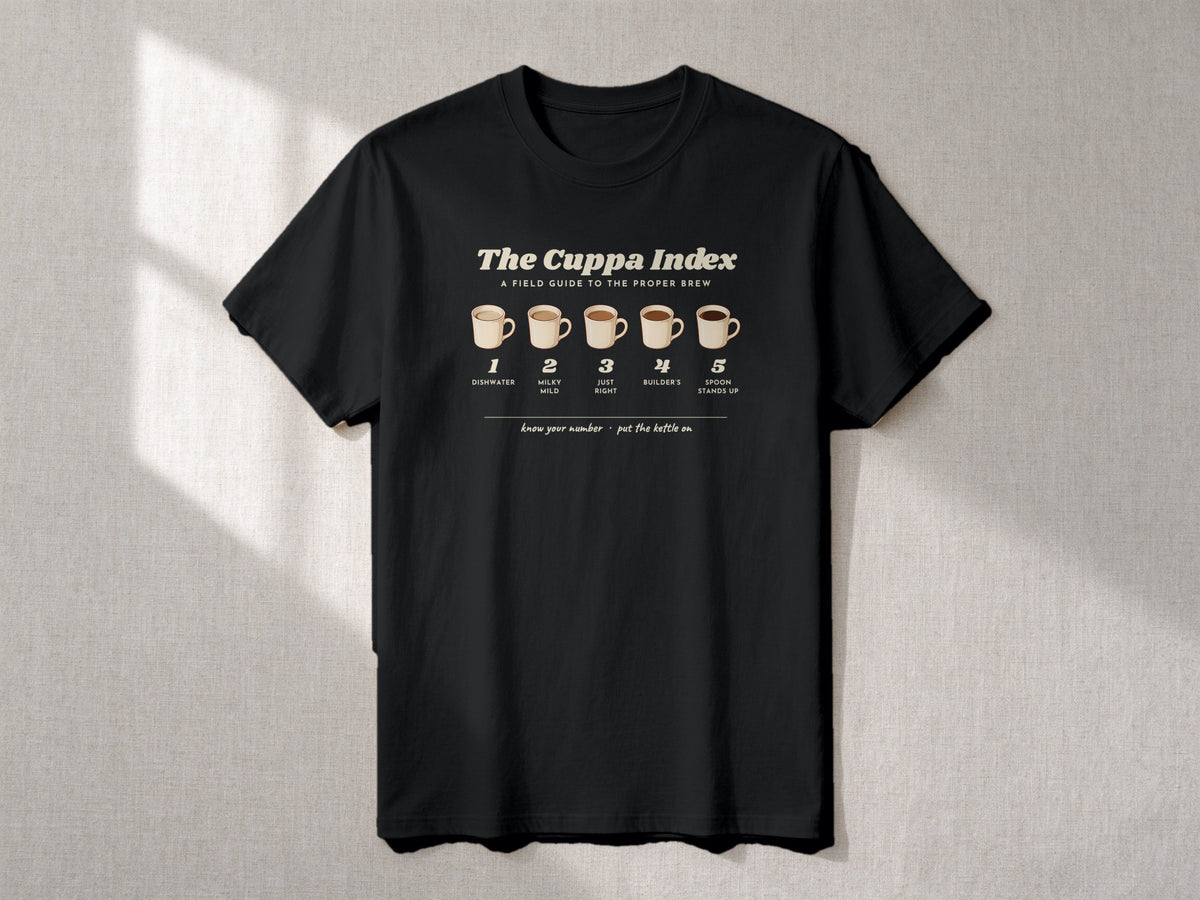 The Cuppa Index T-shirt – flat lay, Black