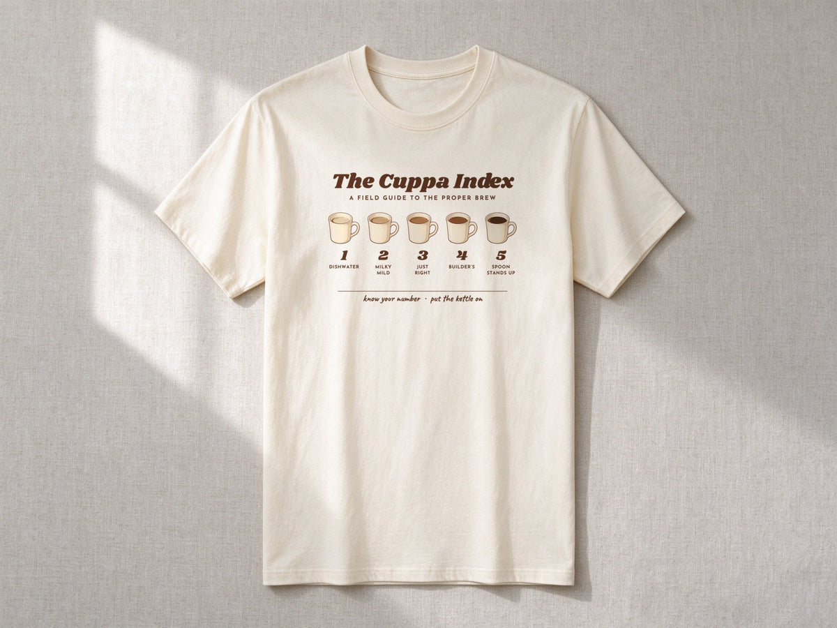 The Cuppa Index T-shirt – flat lay, Natural