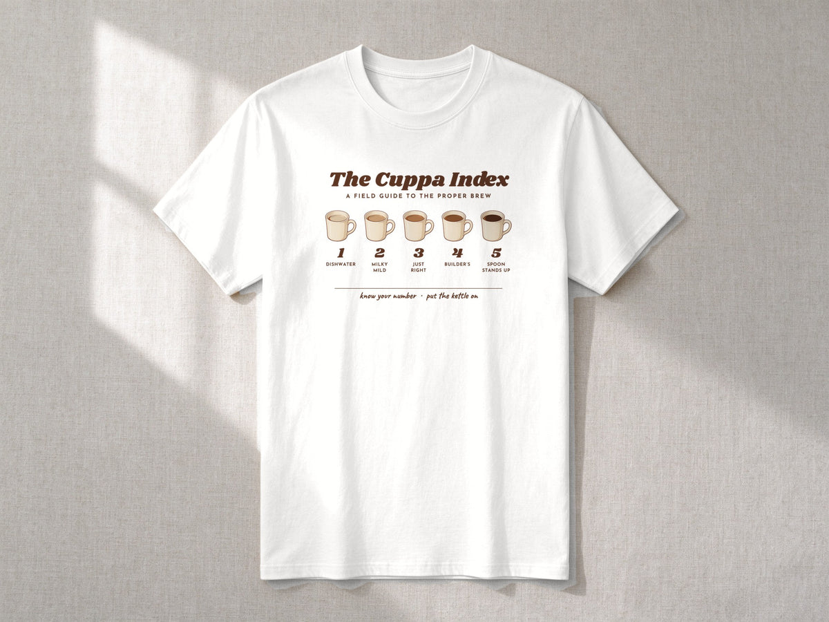 The Cuppa Index T-shirt – flat lay, White