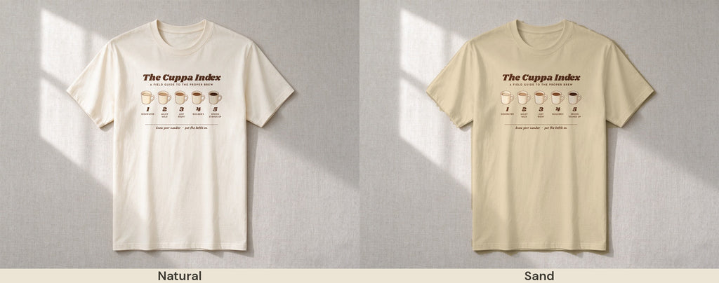 The Cuppa Index T-shirt – colour line-up