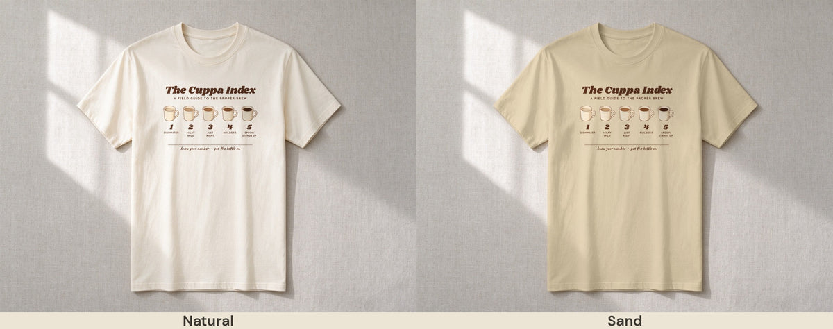 The Cuppa Index T-shirt – colour line-up