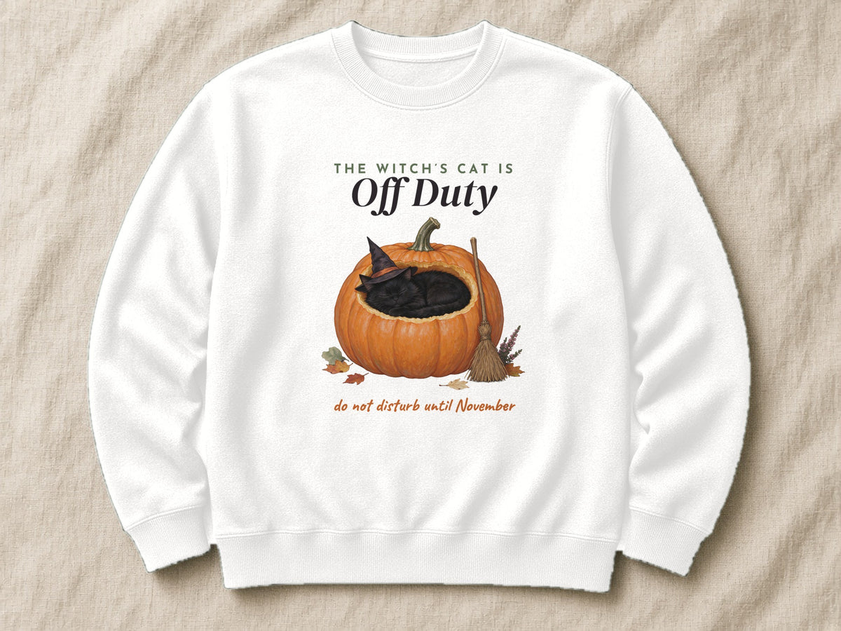 The Witch's Cat Is Off Duty sweatshirt and T-shirt – flat lay, Arctic White