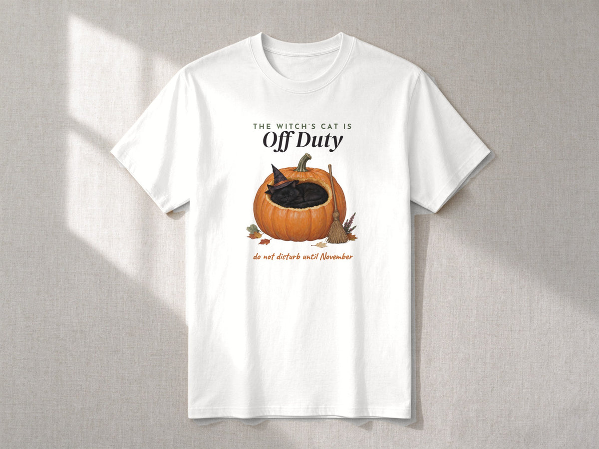 The Witch's Cat Is Off Duty sweatshirt and T-shirt – flat lay, White T-shirt