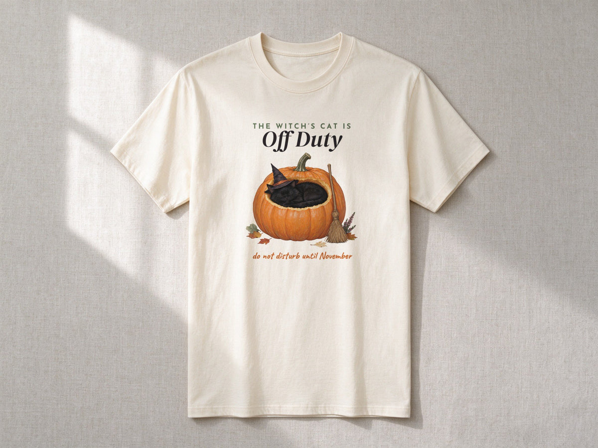 The Witch's Cat Is Off Duty sweatshirt and T-shirt – flat lay, Natural T-shirt